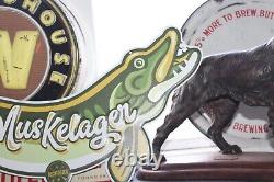 Rare Size 24 Long Vintage Pecatonica Beer Muskelager Embossed Metal Sign Fish