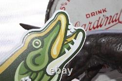 Rare Size 24 Long Vintage Pecatonica Beer Muskelager Embossed Metal Sign Fish