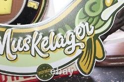 Rare Size 24 Long Vintage Pecatonica Beer Muskelager Embossed Metal Sign Fish