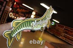 Rare Size 24 Long Vintage Pecatonica Beer Muskelager Embossed Metal Sign Fish