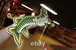 Rare Size 24 Long Vintage Pecatonica Beer Muskelager Embossed Metal Sign Fish