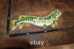 Rare Size 24 Long Vintage Pecatonica Beer Muskelager Embossed Metal Sign Fish