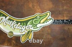 Rare Size 24 Long Vintage Pecatonica Beer Muskelager Embossed Metal Sign Fish