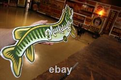 Rare Size 24 Long Vintage Pecatonica Beer Muskelager Embossed Metal Sign Fish