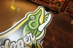 Rare Size 24 Long Vintage Pecatonica Beer Muskelager Embossed Metal Sign Fish
