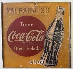 Rare VALPARAISO CHILE 1960s Original Vintage Drink Coca Cola Sign Metal 9 Inch