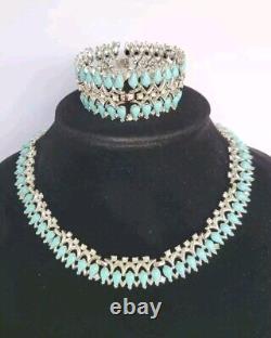 Rare Vintage Crown Trifari Rhodium & Rhinestone Statement Necklace & Bracelet