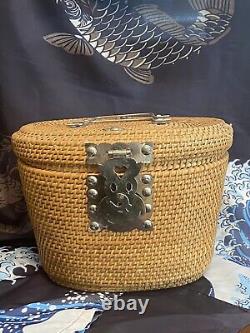 Rare Vintage Heirloom Oriental Tea Pot and Cups in Ornate Basket Metal Hardware
