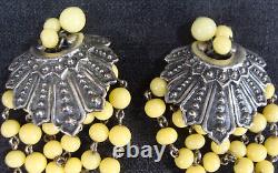 Rare! Vintage Napier Yellow Dangling Beads & Metal Shell Clip On Earring Signed