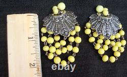 Rare! Vintage Napier Yellow Dangling Beads & Metal Shell Clip On Earring Signed