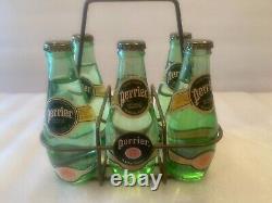 Rare/Vintage Perrier Metal Carrier & 5 6.5 Fl Oz Sealed Pry Off Cap Bottles