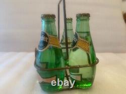 Rare/Vintage Perrier Metal Carrier & 5 6.5 Fl Oz Sealed Pry Off Cap Bottles
