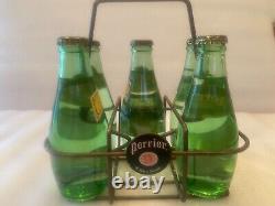 Rare/Vintage Perrier Metal Carrier & 5 6.5 Fl Oz Sealed Pry Off Cap Bottles