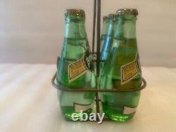 Rare/Vintage Perrier Metal Carrier & 5 6.5 Fl Oz Sealed Pry Off Cap Bottles