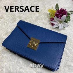 VERSACE Clutch Bag Vintage Rare Sunburst Metal Fittings Gold Blue from japan