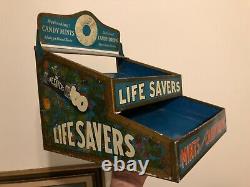 VINTAGE RARE CRISP c. 1920 GRAPHIC LIFESAVERS & CANDY DROPS METAL DISPENSER