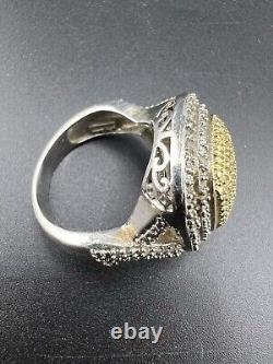 VINTAGE RARE UNIQUE Sterling Silver STS 925 Gold Tone Pave Diamond Ring Sz 10.5