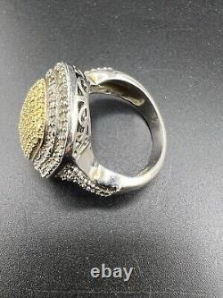 VINTAGE RARE UNIQUE Sterling Silver STS 925 Gold Tone Pave Diamond Ring Sz 10.5