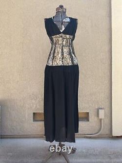 Vintage 1930s Dress Georgette Metallic Lace Sheer Midriff Gown Rare Dramatic