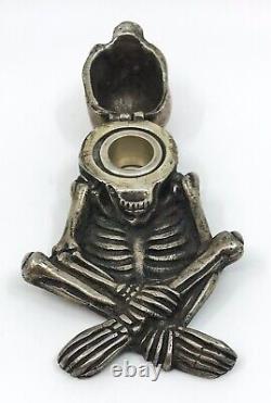 Vintage Antique Rare French Gothic Skull Inkwell Metal Plated with Insert WOW