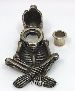 Vintage Antique Rare French Gothic Skull Inkwell Metal Plated with Insert WOW
