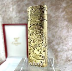 Vintage Cartier Gas Lighter Gold Plated Rare Dragon x Phoenix Engraved withCase