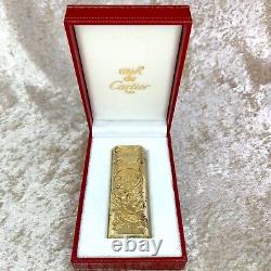 Vintage Cartier Gas Lighter Gold Plated Rare Dragon x Phoenix Engraved withCase