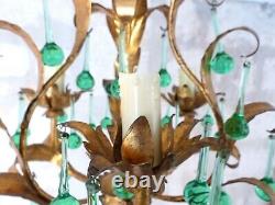 Vintage Chandelier RARE Green glass Drops Gilded Metal from MURANO 1960's