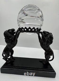 Vintage Crystal Ball Sphere On Metal Bronze Lions Sculpture Wooden Base RARE