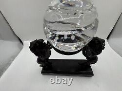 Vintage Crystal Ball Sphere On Metal Bronze Lions Sculpture Wooden Base RARE
