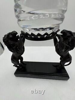 Vintage Crystal Ball Sphere On Metal Bronze Lions Sculpture Wooden Base RARE