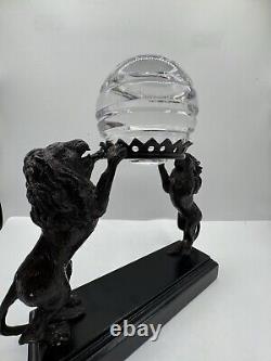 Vintage Crystal Ball Sphere On Metal Bronze Lions Sculpture Wooden Base RARE