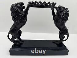 Vintage Crystal Ball Sphere On Metal Bronze Lions Sculpture Wooden Base RARE