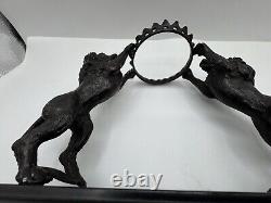 Vintage Crystal Ball Sphere On Metal Bronze Lions Sculpture Wooden Base RARE