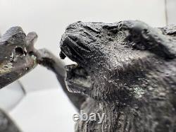 Vintage Crystal Ball Sphere On Metal Bronze Lions Sculpture Wooden Base RARE