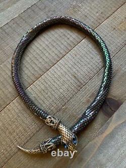 Vintage DL Auld Snake Necklace Belt Gold Tone RARE Metallic Mesh Signed Blue Eye