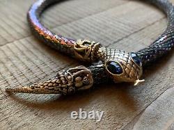 Vintage DL Auld Snake Necklace Belt Gold Tone RARE Metallic Mesh Signed Blue Eye