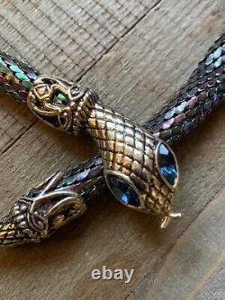 Vintage DL Auld Snake Necklace Belt Gold Tone RARE Metallic Mesh Signed Blue Eye