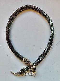 Vintage DL Auld Snake Necklace Belt Gold Tone RARE Metallic Mesh Signed Blue Eye