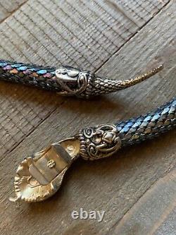 Vintage DL Auld Snake Necklace Belt Gold Tone RARE Metallic Mesh Signed Blue Eye