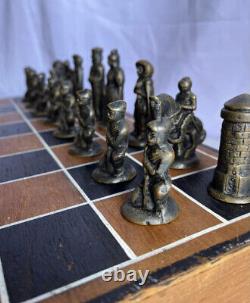 Vintage ES Lowes ANRI Renaissance Metal Chess Set Silver Brass Wooden Box Rare