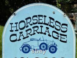 Vintage HORSELESS CARRIAGE Double Sided Hand Painted Taxi Car Metal Sign RARE