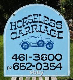 Vintage HORSELESS CARRIAGE Double Sided Hand Painted Taxi Car Metal Sign RARE