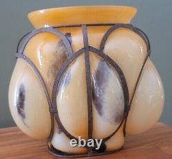 Vintage Kralik Metal Caged Blown Glass Vase Rare Bohemian Czech Orange Vase