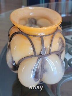 Vintage Kralik Metal Caged Blown Glass Vase Rare Bohemian Czech Orange Vase