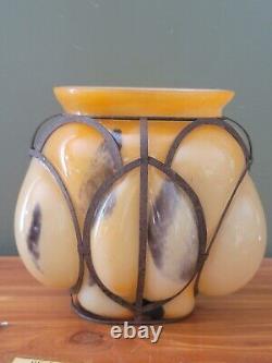 Vintage Kralik Metal Caged Blown Glass Vase Rare Bohemian Czech Orange Vase