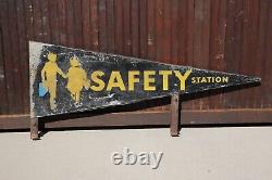 Vintage Metal Safety Station School Bus Sign Children Crossing Pennant RARE