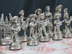 Vintage Mexican Mixed Metal Chess Set Mariachis Charro Mexico Palace 32pc Rare