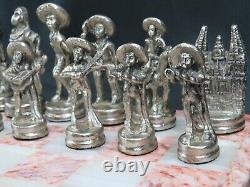 Vintage Mexican Mixed Metal Chess Set Mariachis Charro Mexico Palace 32pc Rare