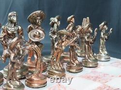 Vintage Mexican Mixed Metal Chess Set Mariachis Charro Mexico Palace 32pc Rare